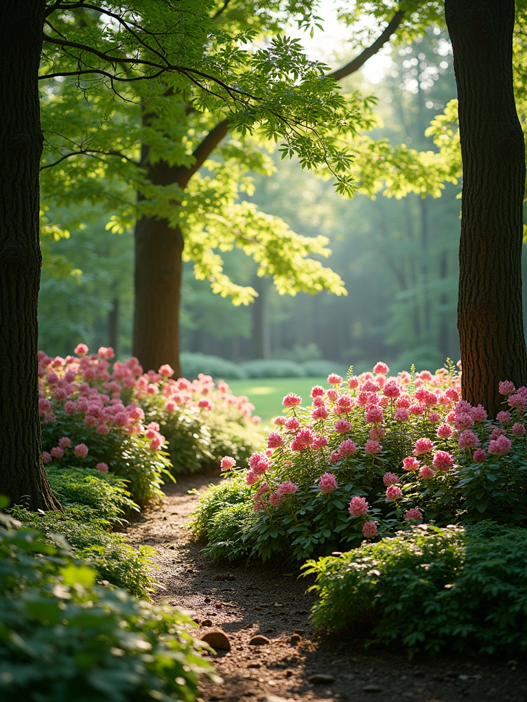 Shade-tolerant shrubs planted under trees in filtered woodland light.