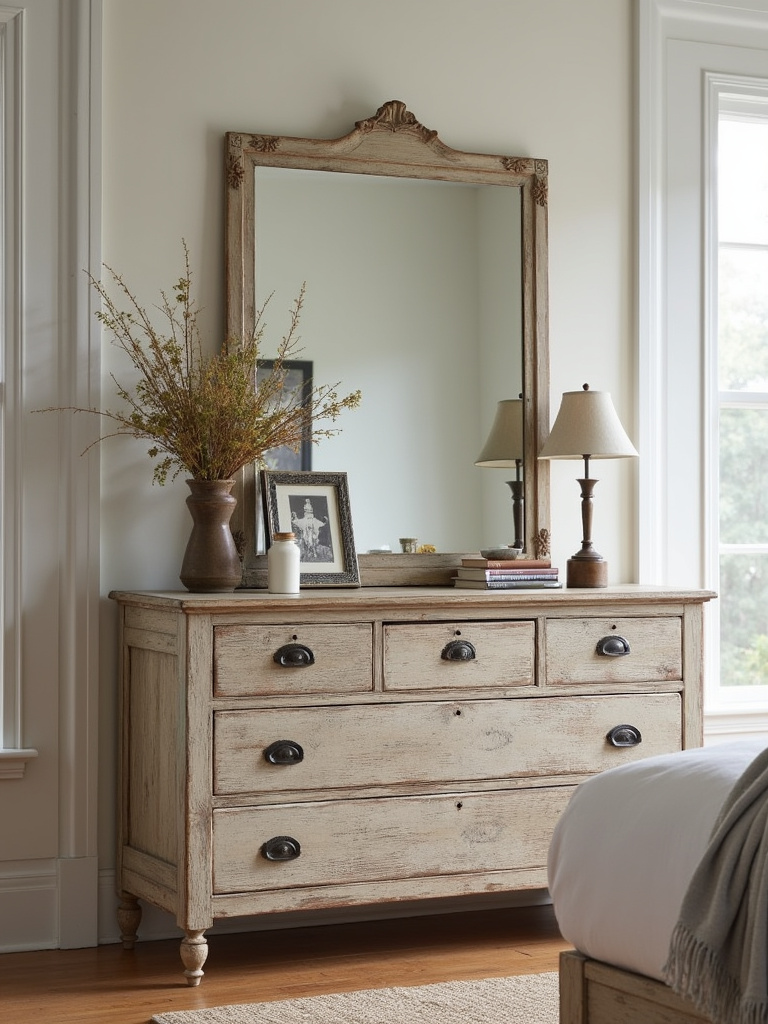 Farmhouse bedroom featuring a distressed farmhouse dresser for rustic storage.