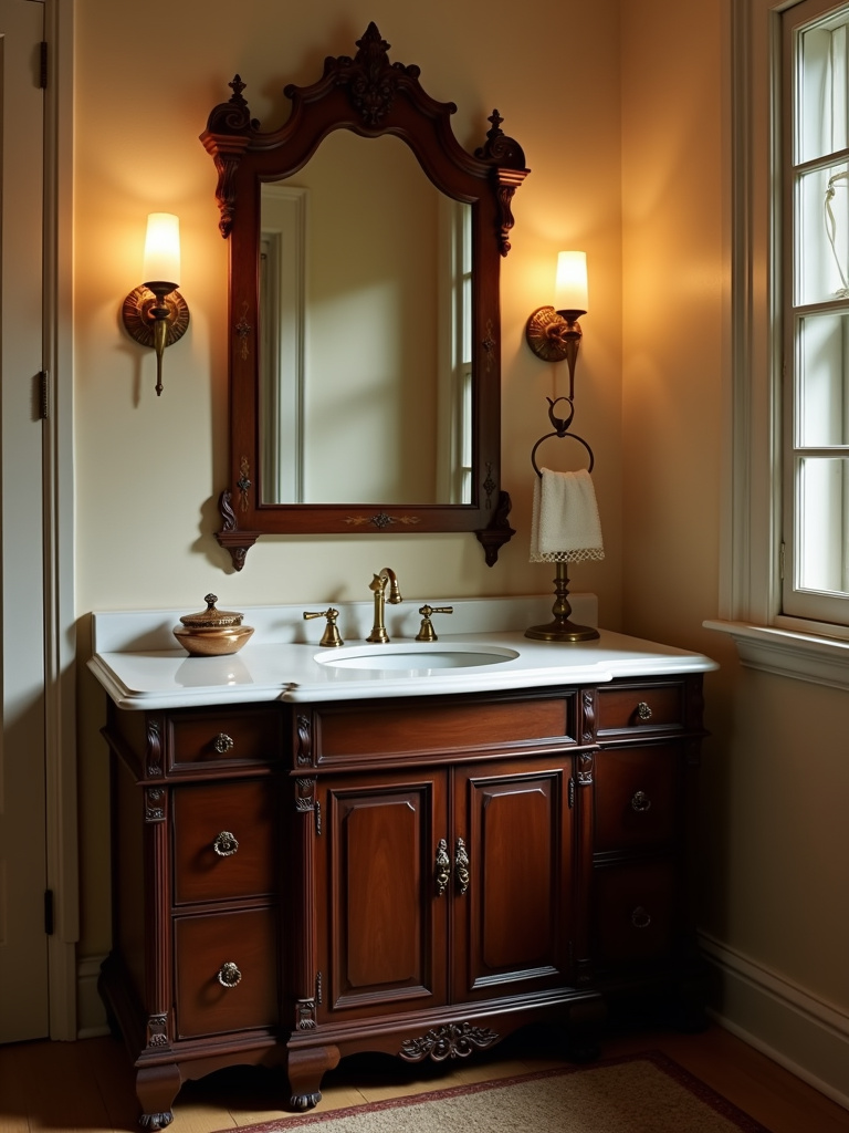 Vintage bathroom featuring a dark wood furniture-style vanity with a white countertop and brass hardware, illuminated by warm ambient light from wall sconces.