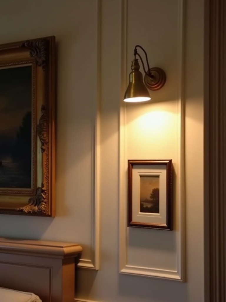 Bedroom wall featuring artwork beautifully illuminated by a brass picture light, creating a focal point.