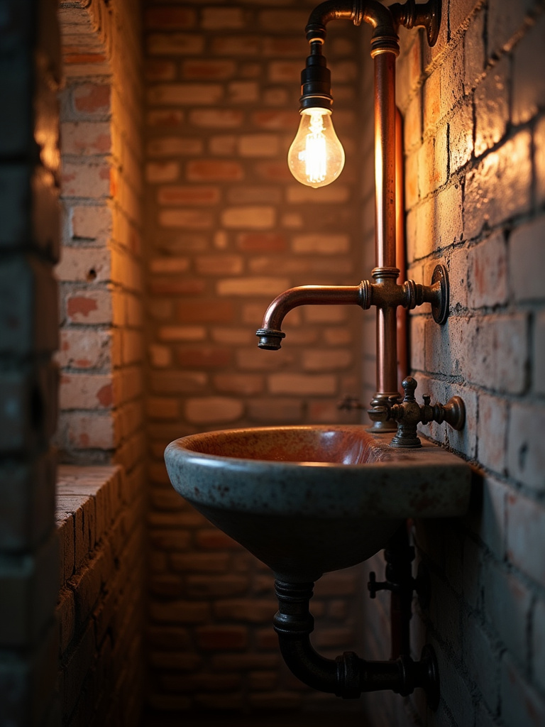 Vintage industrial bathroom featuring exposed copper plumbing pipes for a wall-mounted sink, set against a brick wall with moody Edison bulb pendant lighting.