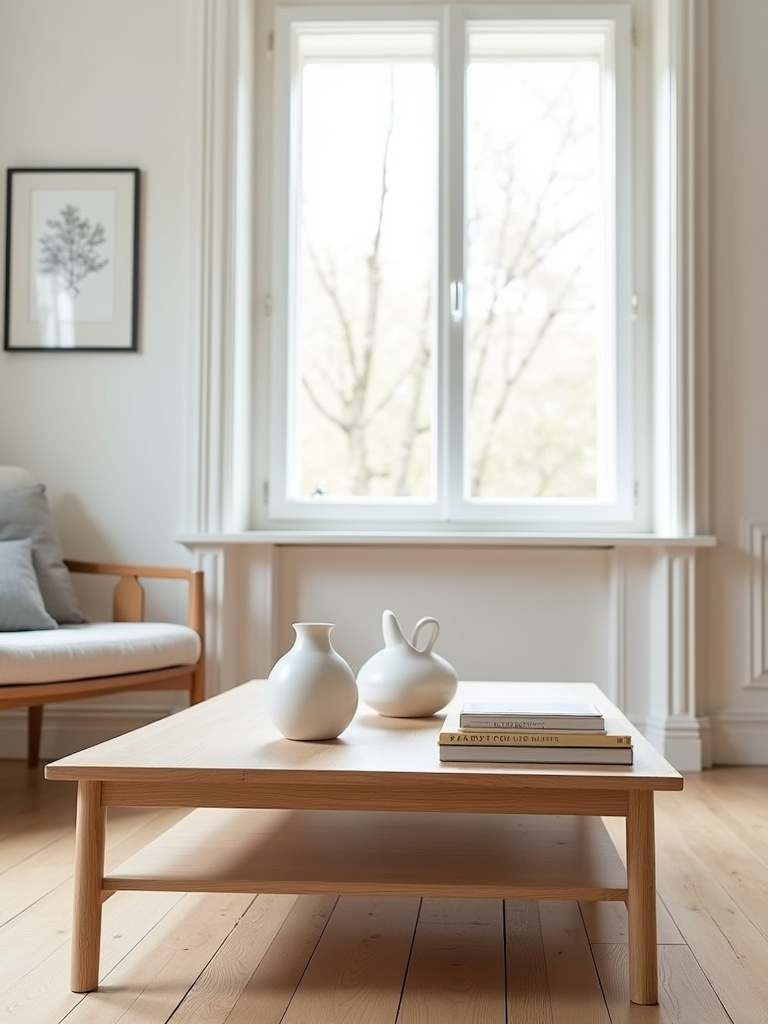A minimalist living room featuring a light oak rectangular coffee table with a simple white vase and books on top, showcasing clean lines and Scandinavian design.