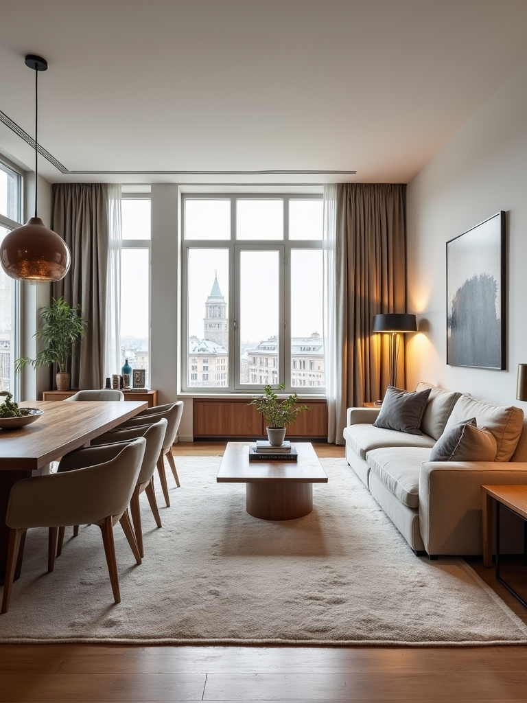 “Open-plan apartment living and dining area zoned using rugs, furniture placement, and distinct lighting schemes.”