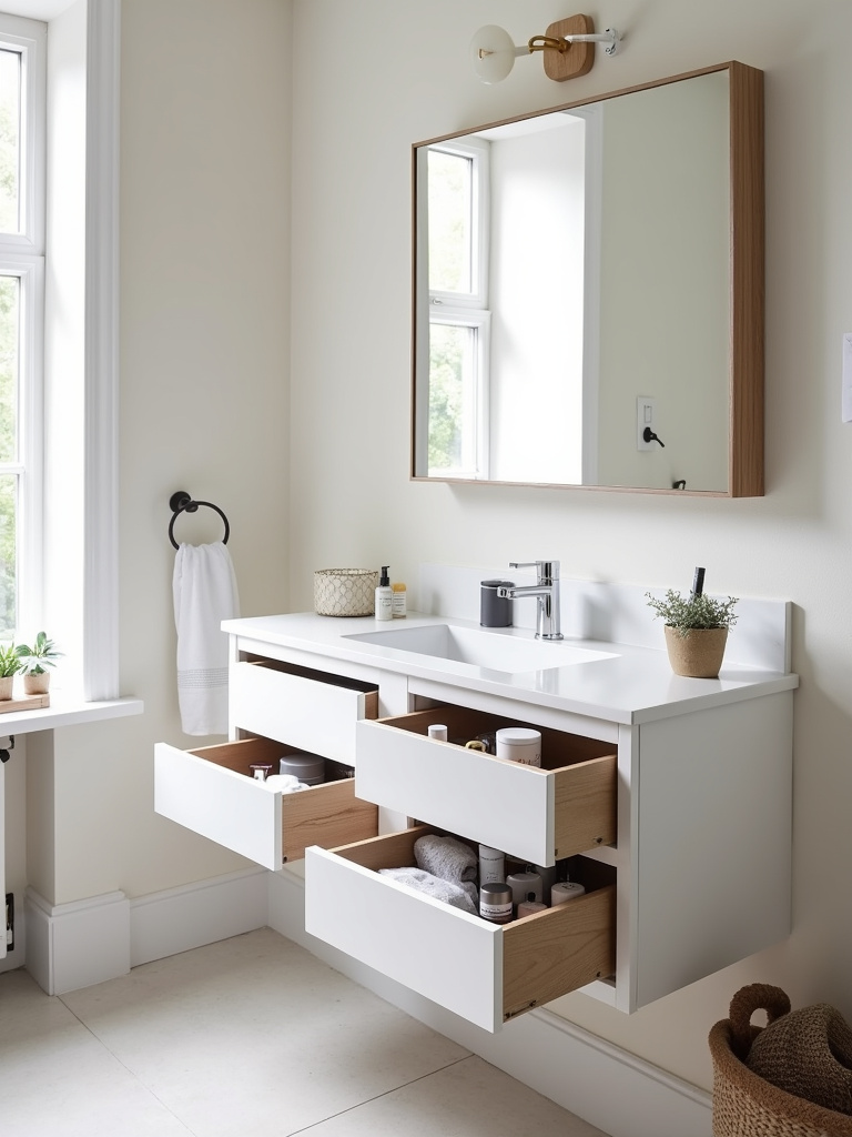 Smart and hidden storage solutions in a Scandinavian bathroom, featuring vanity drawers and a mirrored cabinet for a clutter-free space.
