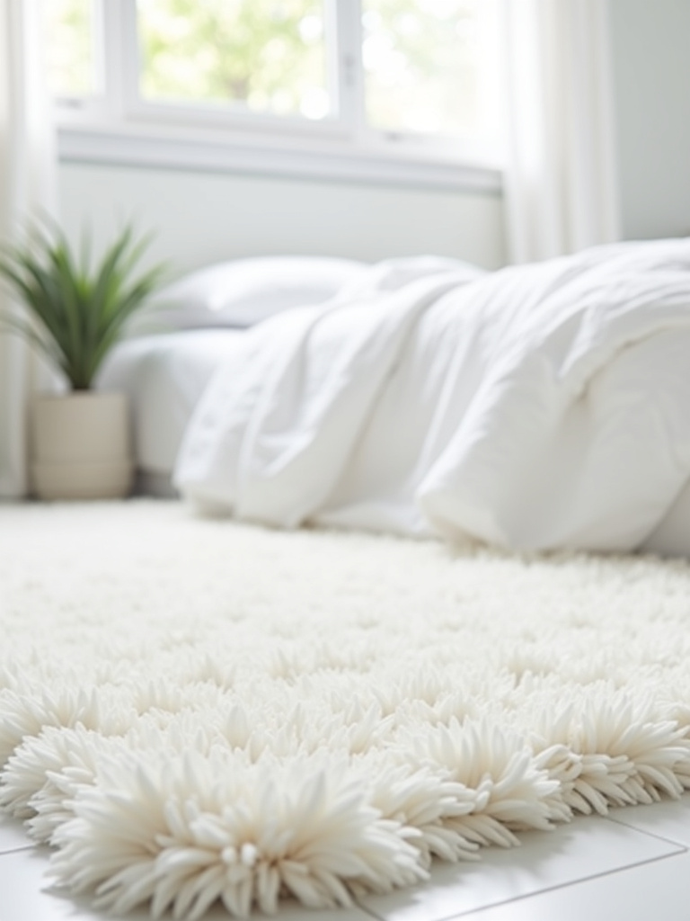 “Bright white bedroom showcasing a luxurious and soft white shag rug under a white bed, creating a cozy and inviting atmosphere.”