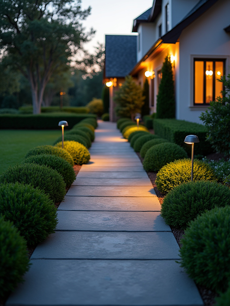 Stone pathway softened by mounding shrubs at twilight.