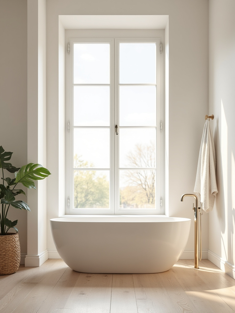 Scandinavian bathroom featuring a freestanding bathtub as a focal point, creating a spa-like and luxurious atmosphere.