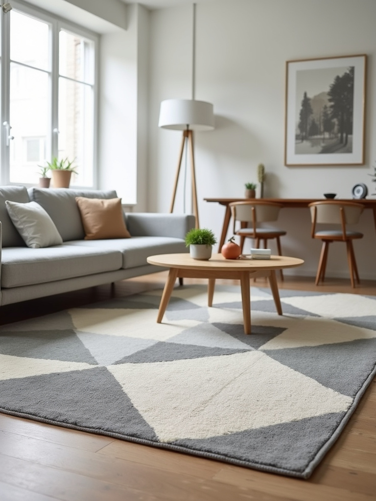 “Modern living room with a large geometric area rug defining the seating zone and adding visual interest.”