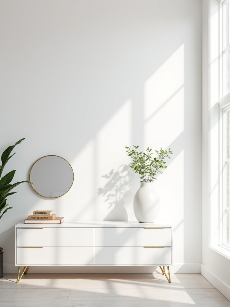 “Modern white bedroom with a statement white dresser featuring gold hardware and stylish decor accents on top.”