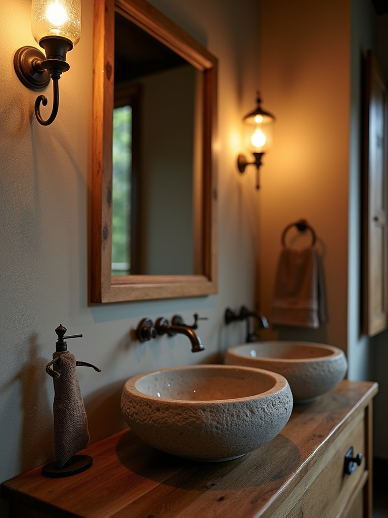 Rustic bathroom showcasing a natural stone vessel sink on a wooden countertop with warm sconce lighting.
