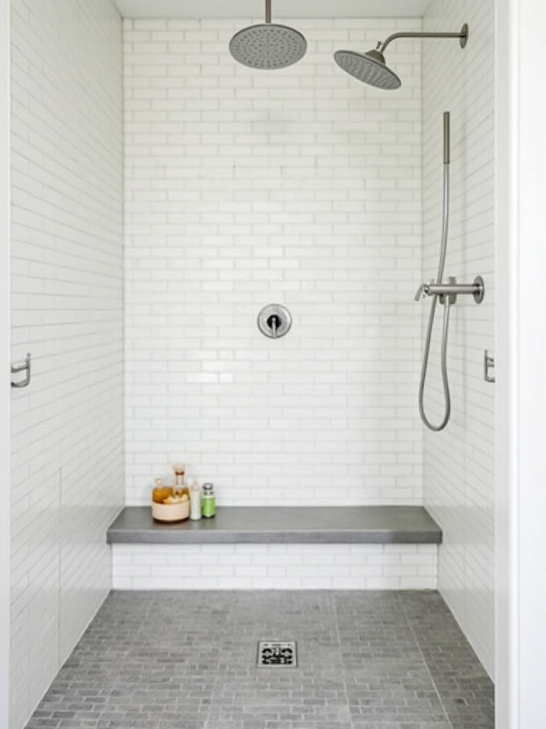 Scandinavian bathroom showcasing textural simplicity through the use of white subway tiles and a natural stone bench in the shower.