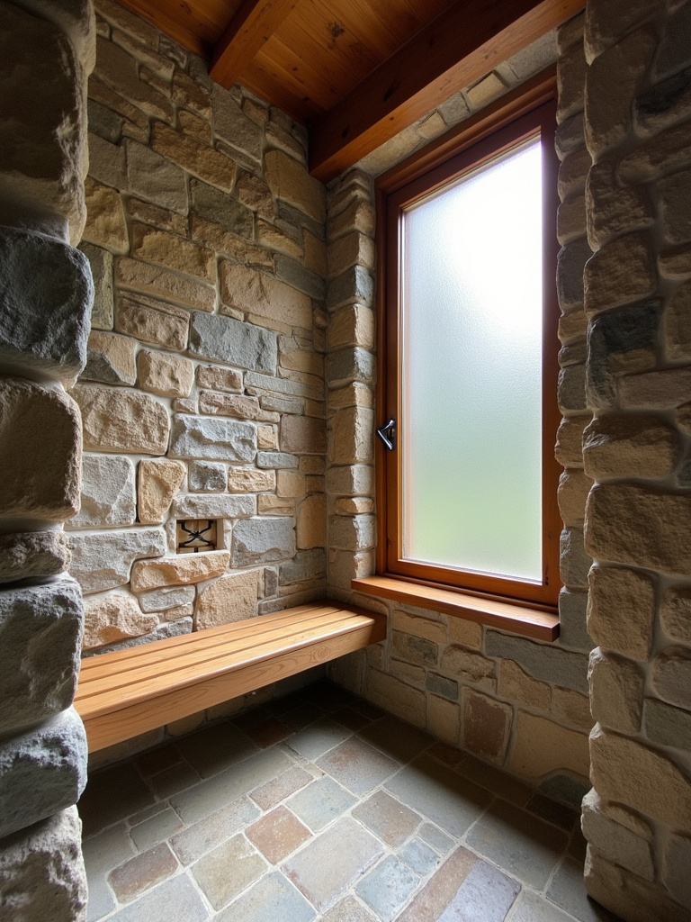 Rustic bathroom shower featuring stacked stone walls and a wooden bench, illuminated by diffused natural light.