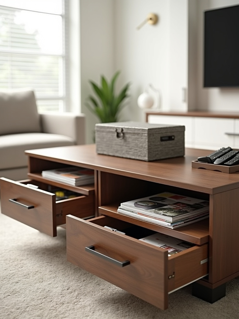 An organized living room featuring a storage coffee table with drawers and shelves, styled with magazines and a decorative box, highlighting practicality and hidden storage.