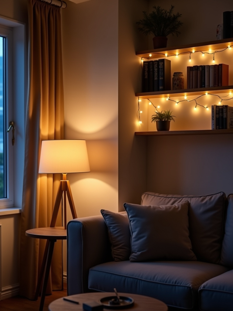 “Living room at dusk with layered lighting from floor lamp, table lamp, and string lights creating a warm and cozy ambiance.”