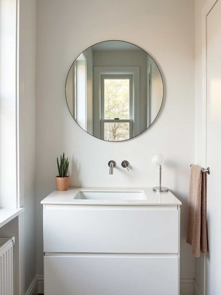 Simple and elegant round frameless mirror in a Scandinavian bathroom, enhancing light and space.