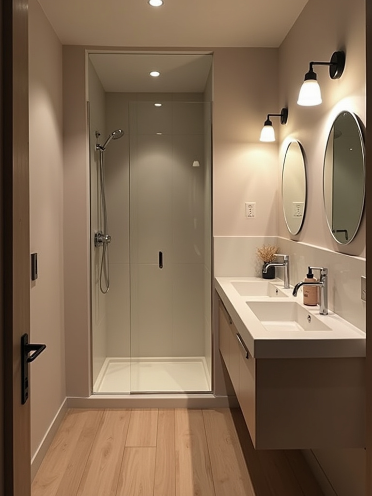 Streamlined and unobtrusive lighting fixtures in a Scandinavian bathroom, including recessed lights and simple wall sconces.