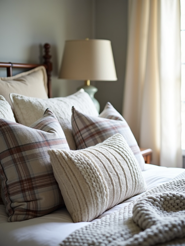 Farmhouse bedroom featuring layered plaid and textured throw pillows on the bed.