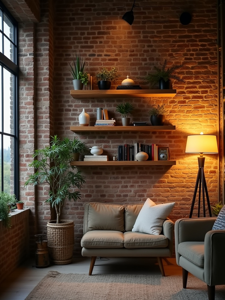 A rustic chic living room featuring open wooden shelves mounted on a brick wall, styled with books, pottery, and plants.