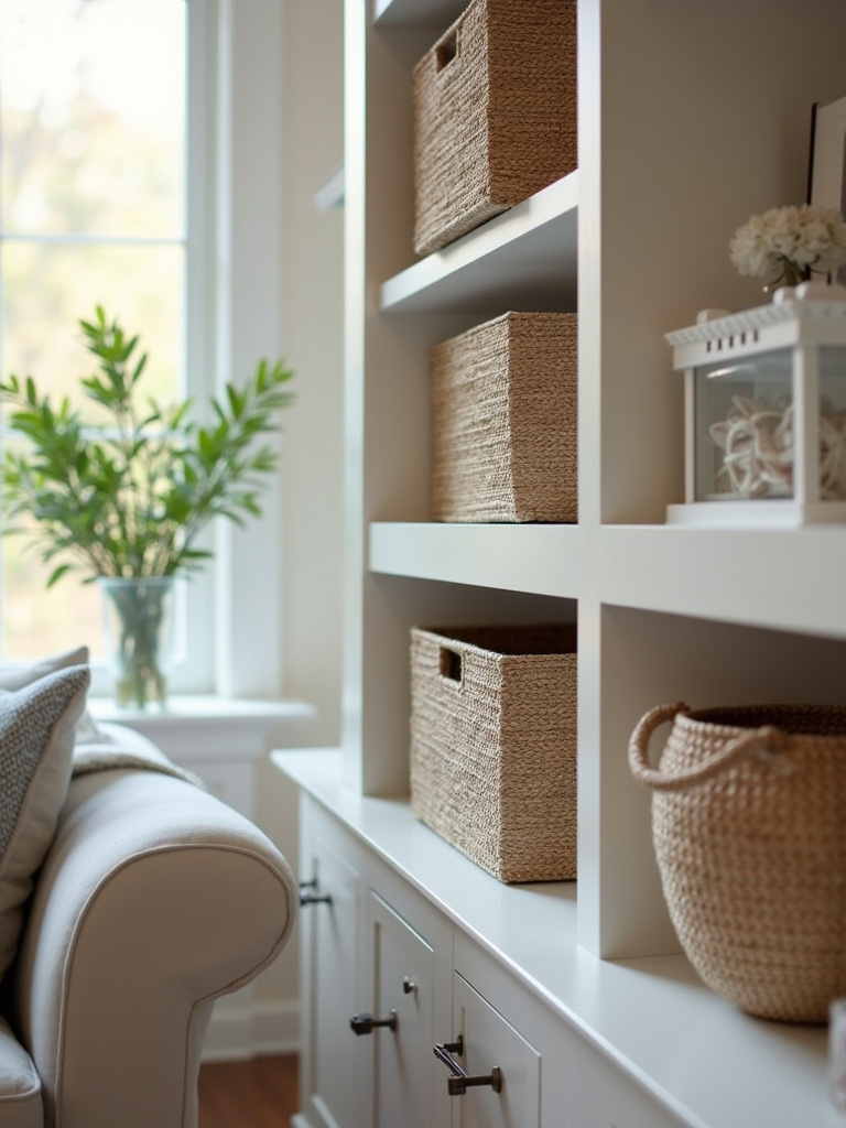 “Living room shelf styled with decorative woven storage baskets and boxes, combining functionality and style.”