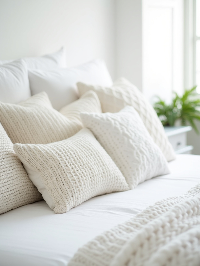 “White bedroom bed adorned with a variety of textured white throw pillows, including cozy white knit pillows for added comfort and visual interest.”