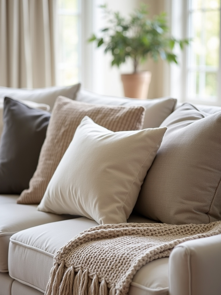 “Sofa styled with textured throw pillows and a blanket, showcasing varied fabric textures in neutral tones.”