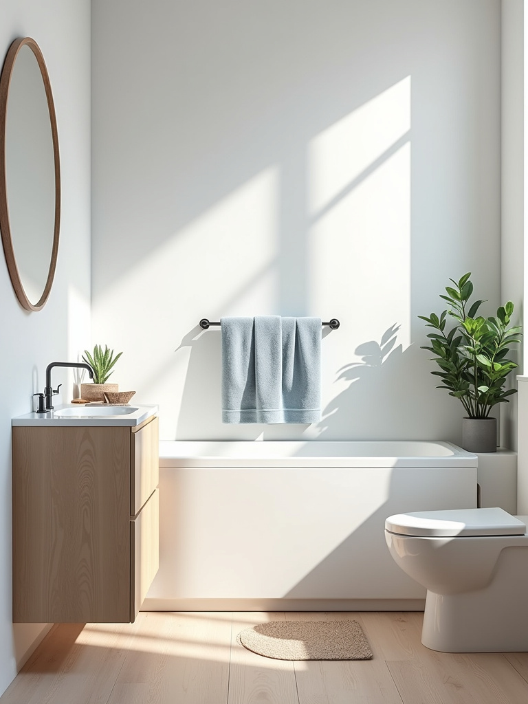 Scandinavian bathroom design adding subtle pops of color with muted blue towels and a dusty green plant.