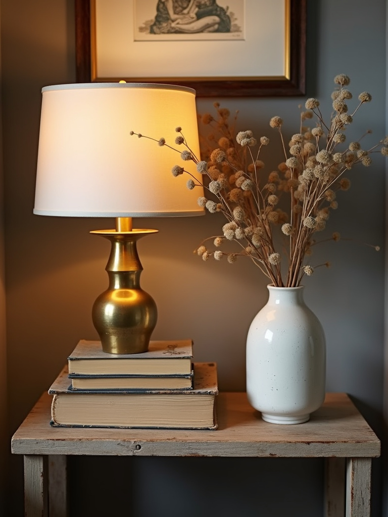 “Side table styled with thrifted vintage decor items: brass lamp, old books, and ceramic vase with dried flowers.”