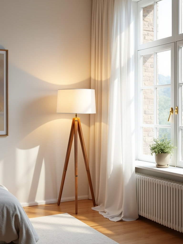 Bright bedroom interior with a stylish tripod floor lamp illuminating a corner space.