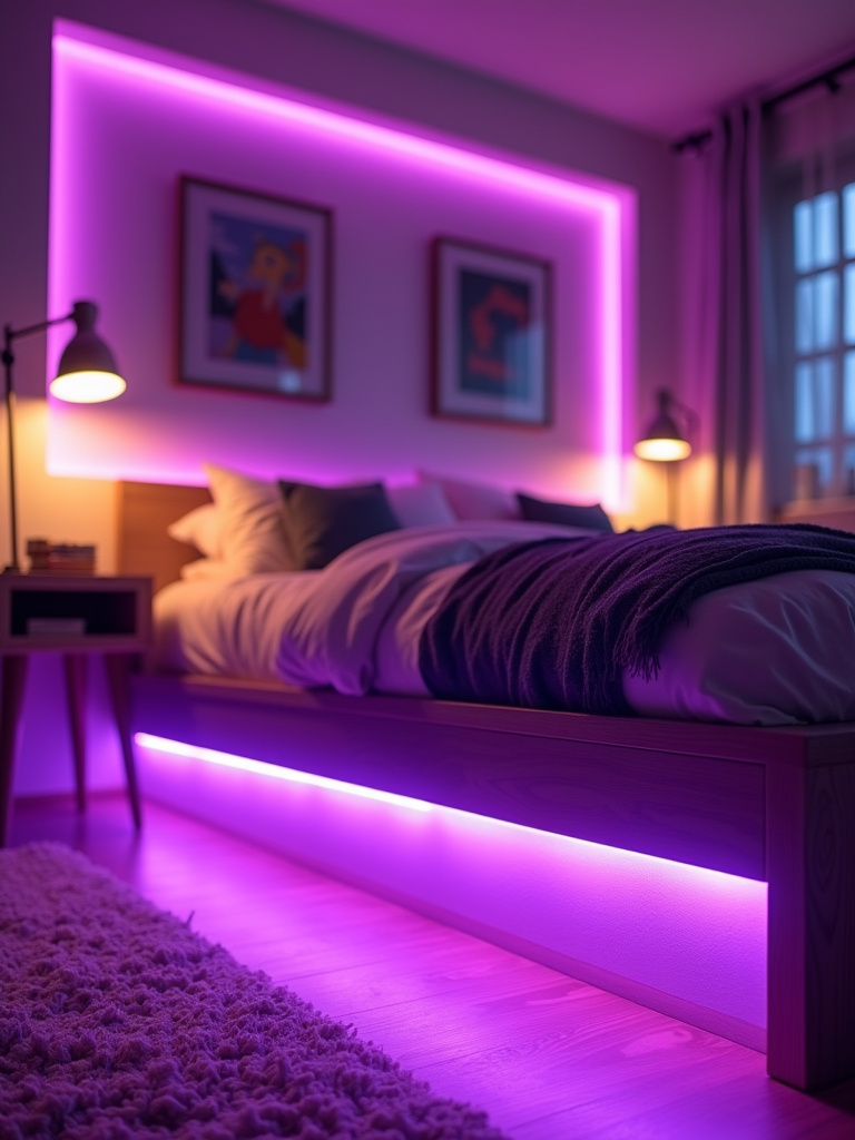 Modern bedroom interior with color-changing LED strip lighting under the bed creating a vibrant and mood-setting ambiance.