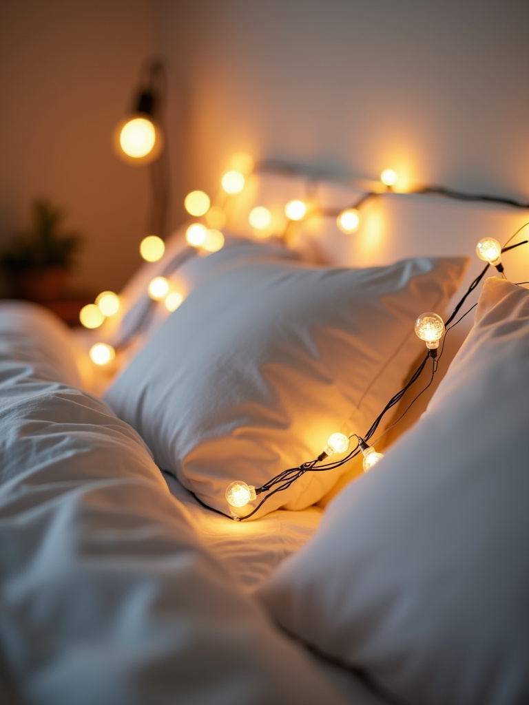 “White bedroom at dusk illuminated by soft, warm white string lights draped along the headboard, creating a cozy and magical ambiance.”