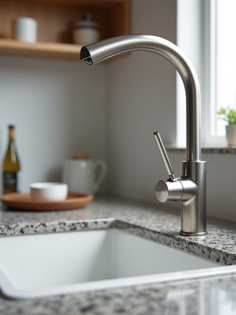 Close-up of a sleek stainless steel touchless kitchen faucet on a granite countertop, emphasizing modern design and hygiene.