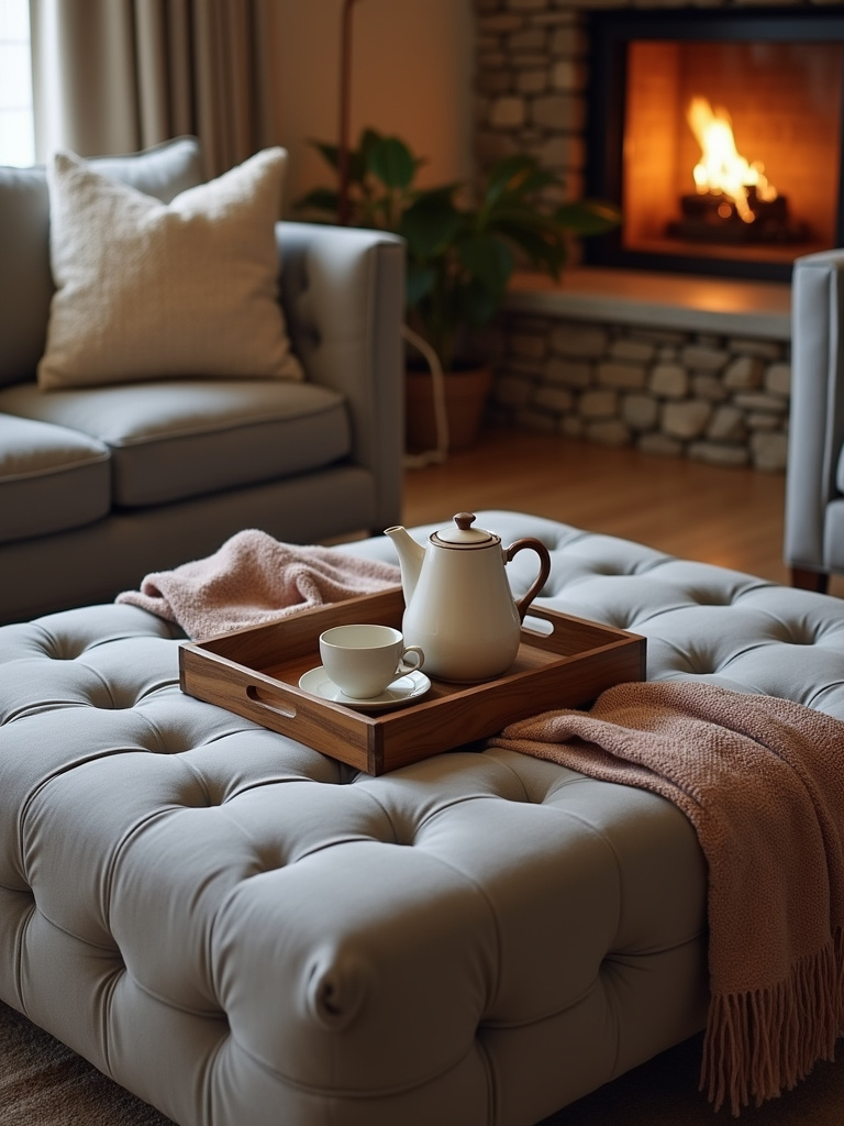 A relaxed living room featuring a tufted grey velvet ottoman coffee table, styled with a tea set and blanket, showcasing comfort and inviting style.
