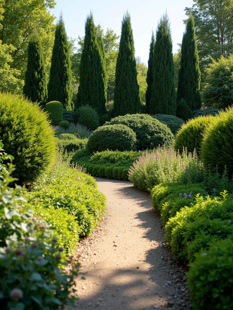 Layered garden planting with shrubs of varying heights and textures creating depth.