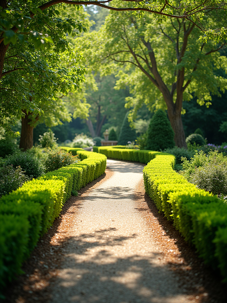 Winding garden pathway defined by low boxwood shrubs in sunny afternoon light.