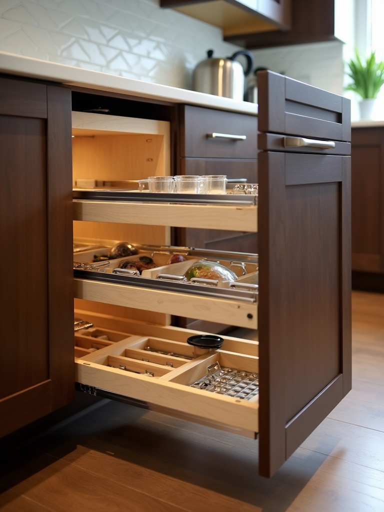 Close-up of pull-out drawers and smart cabinet organizers inside a modern kitchen base cabinet, maximizing storage and organization.