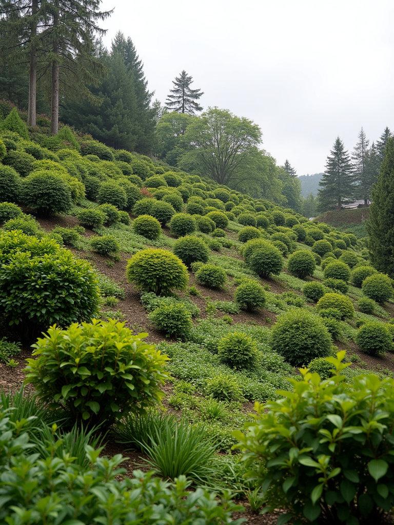 Sloped garden area planted with erosion-control shrubs on an overcast day.