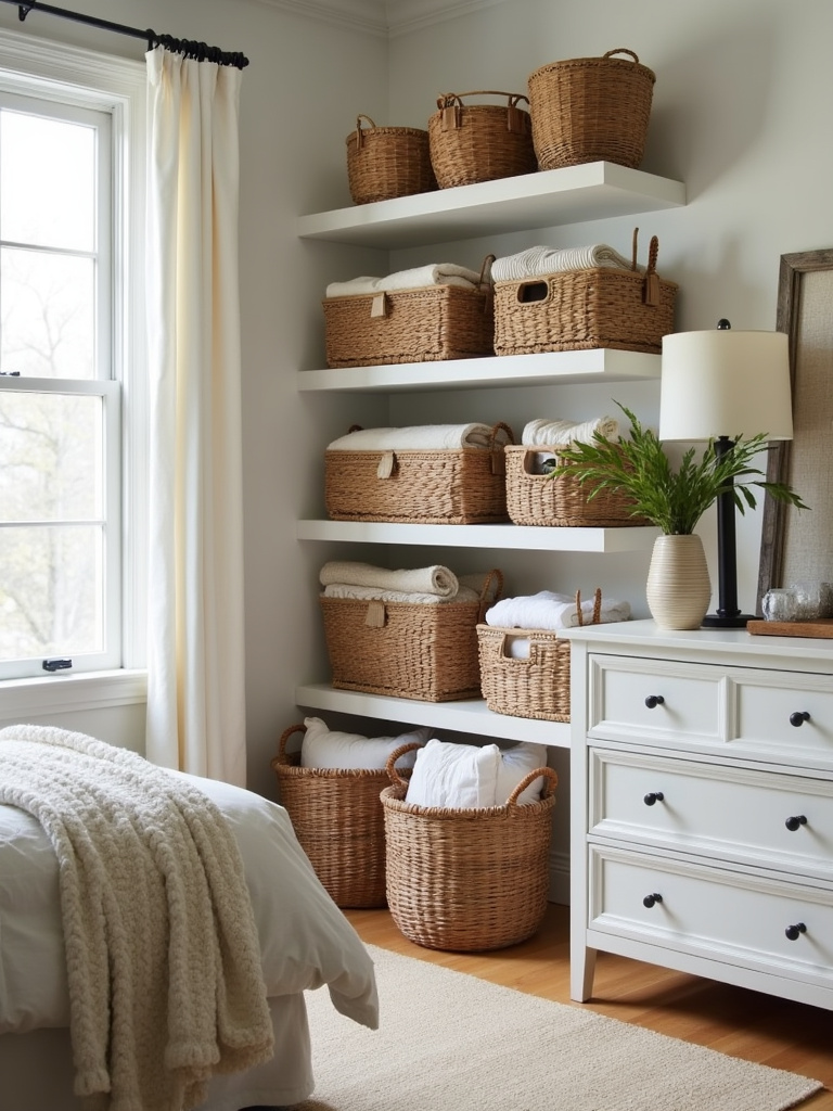 Farmhouse bedroom showcasing woven baskets for stylish and practical storage.