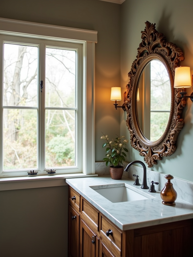 Bright rustic bathroom featuring a vintage-inspired ornate mirror above a vanity, illuminated by soft daylight.