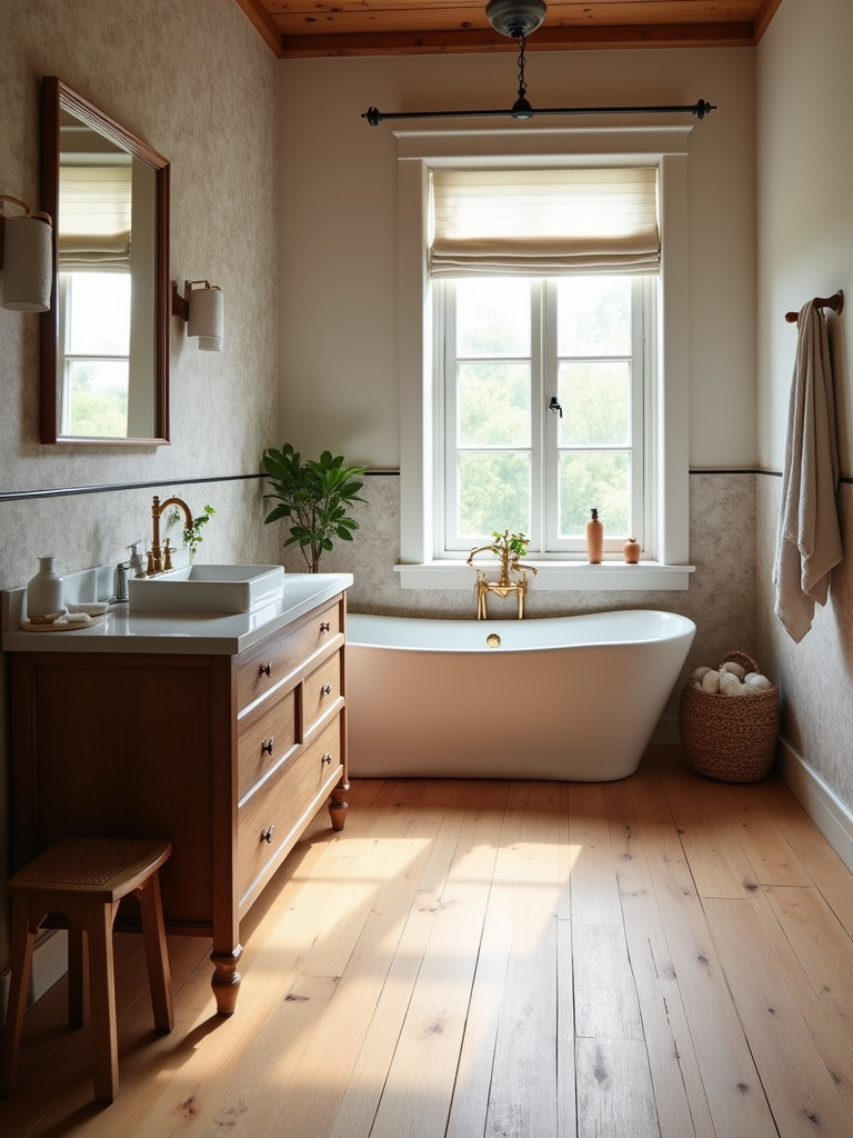 Rustic bathroom showcasing wide plank wooden flooring with natural light streaming through a window.