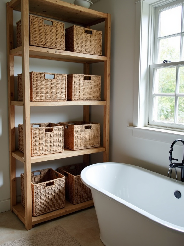 Rustic bathroom featuring open shelves with woven baskets used for stylish and functional storage.