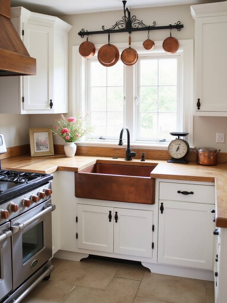 Cottage kitchen with white cabinets, butcher block counters, and copper farmhouse sink.