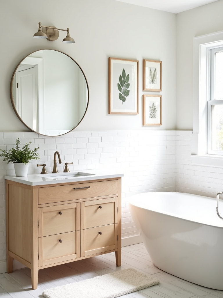 Modern bathroom with round mirror, botanical art, and potted fern, showcasing bathroom accessories.