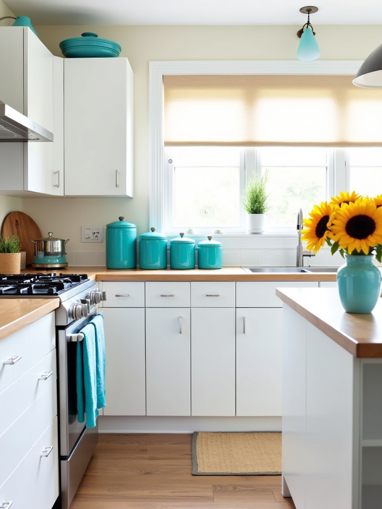 Modern kitchen with white cabinets accented with teal and yellow accessories