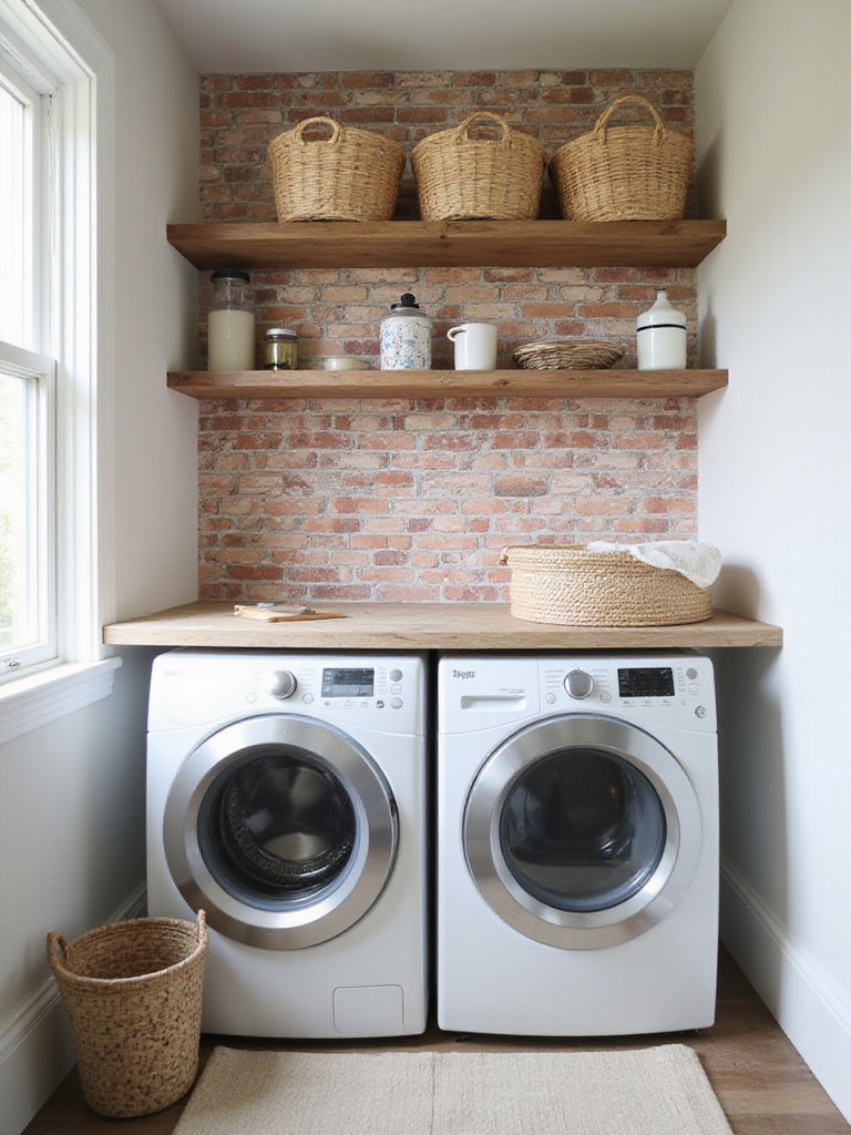 Laundry room with brick effect wallpaper accent wall and farmhouse decor