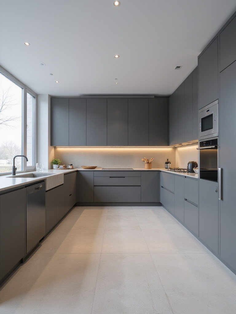 Modern kitchen featuring fully integrated appliances concealed behind matching cabinetry panels.