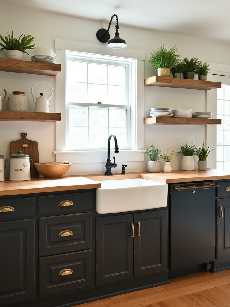Farmhouse kitchen with distressed black cabinets and butcher block countertops