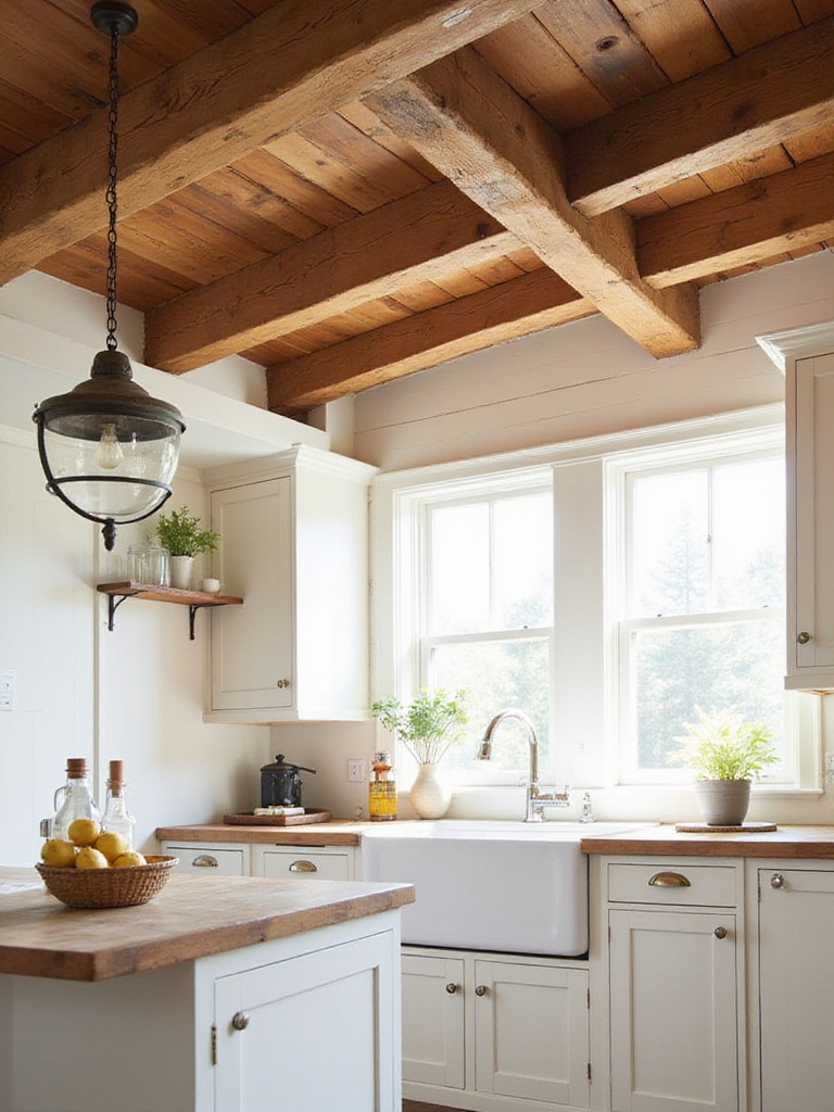 Farmhouse kitchen with exposed wooden beams.