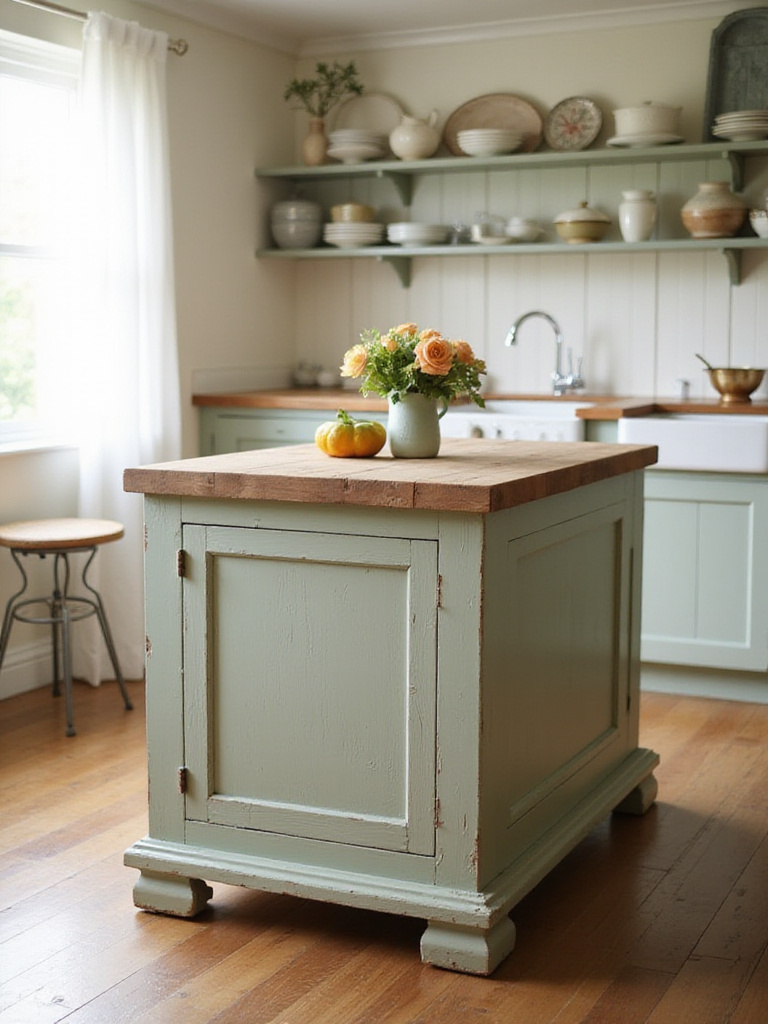 Distressed wood kitchen island with butcher block countertop in a cozy cottage kitchen