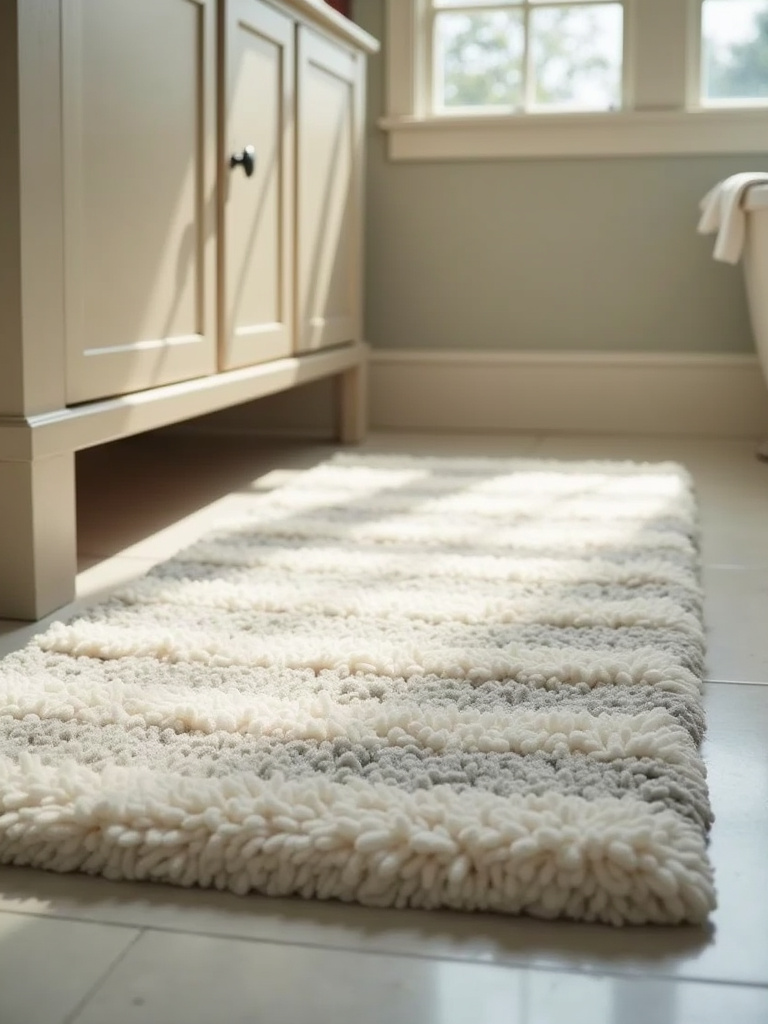 Comfortable coastal bathroom with a plush, striped rug, adding warmth and a soft touch to the floor area.