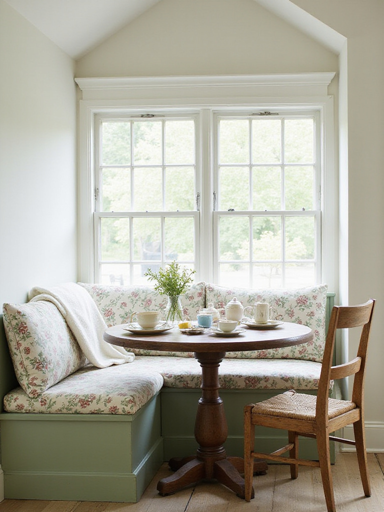 Cozy cottage kitchen with built-in banquette seating area
